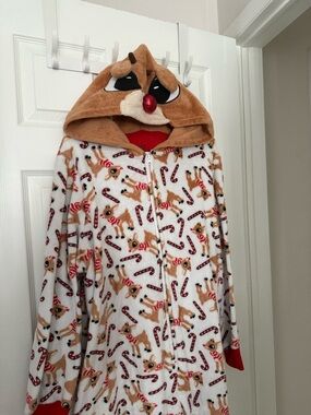 Reindeer Candy Cane Fleece Hooded Onesie